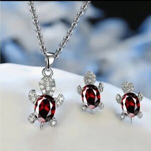 Silver Red Crystal Diamond Turtle Necklace and Earring Set